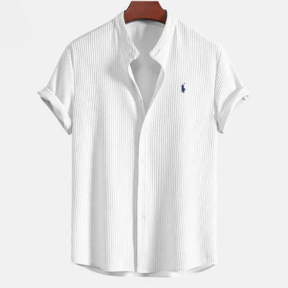 Button-up shirt with textured short sleeves