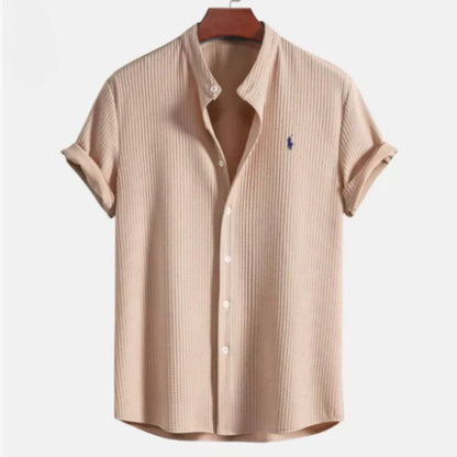 Button-up shirt with textured short sleeves