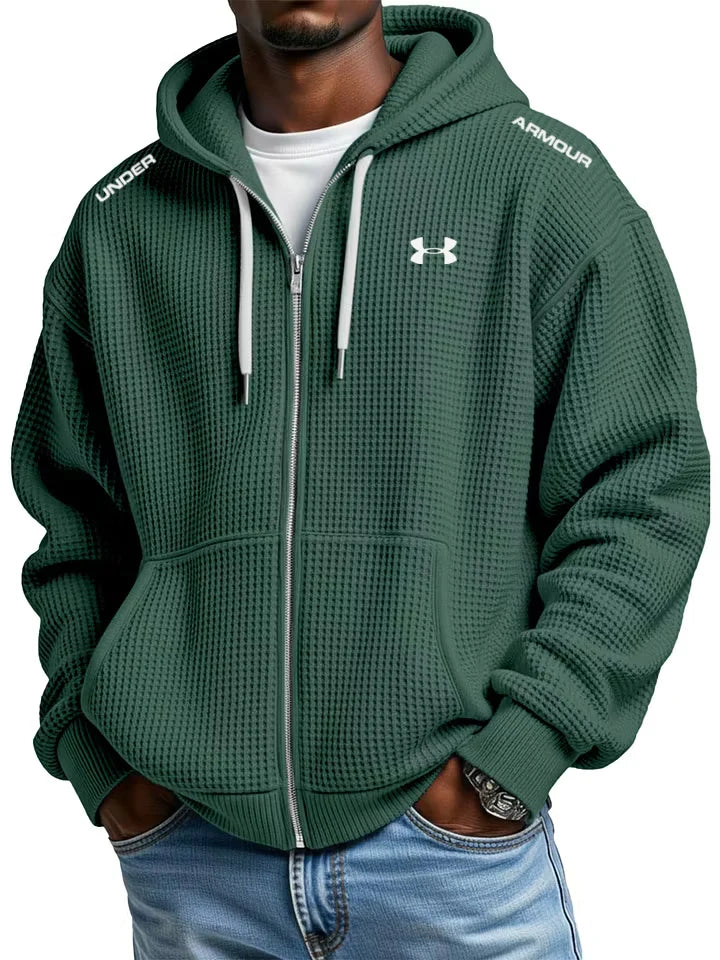 Men's cotton waffle knit casual sports hooded jacket