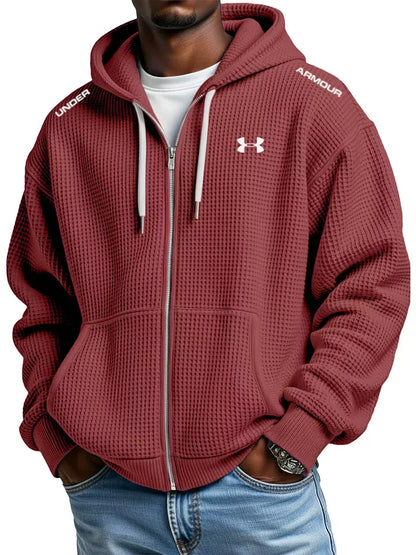 Men's cotton waffle knit casual sports hooded jacket